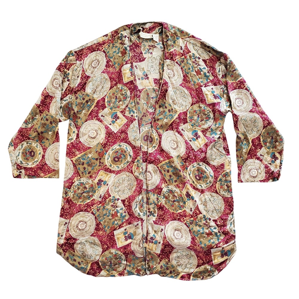 Vintage Victorias Secret Gold Label 100% Silk Robe Medallion Print Burgundy OS